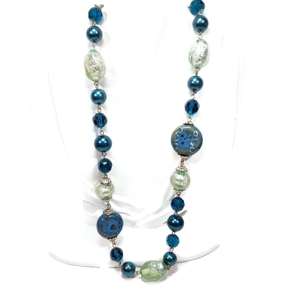 Blue Glass Ceramic Beaded Necklace Silver Tone